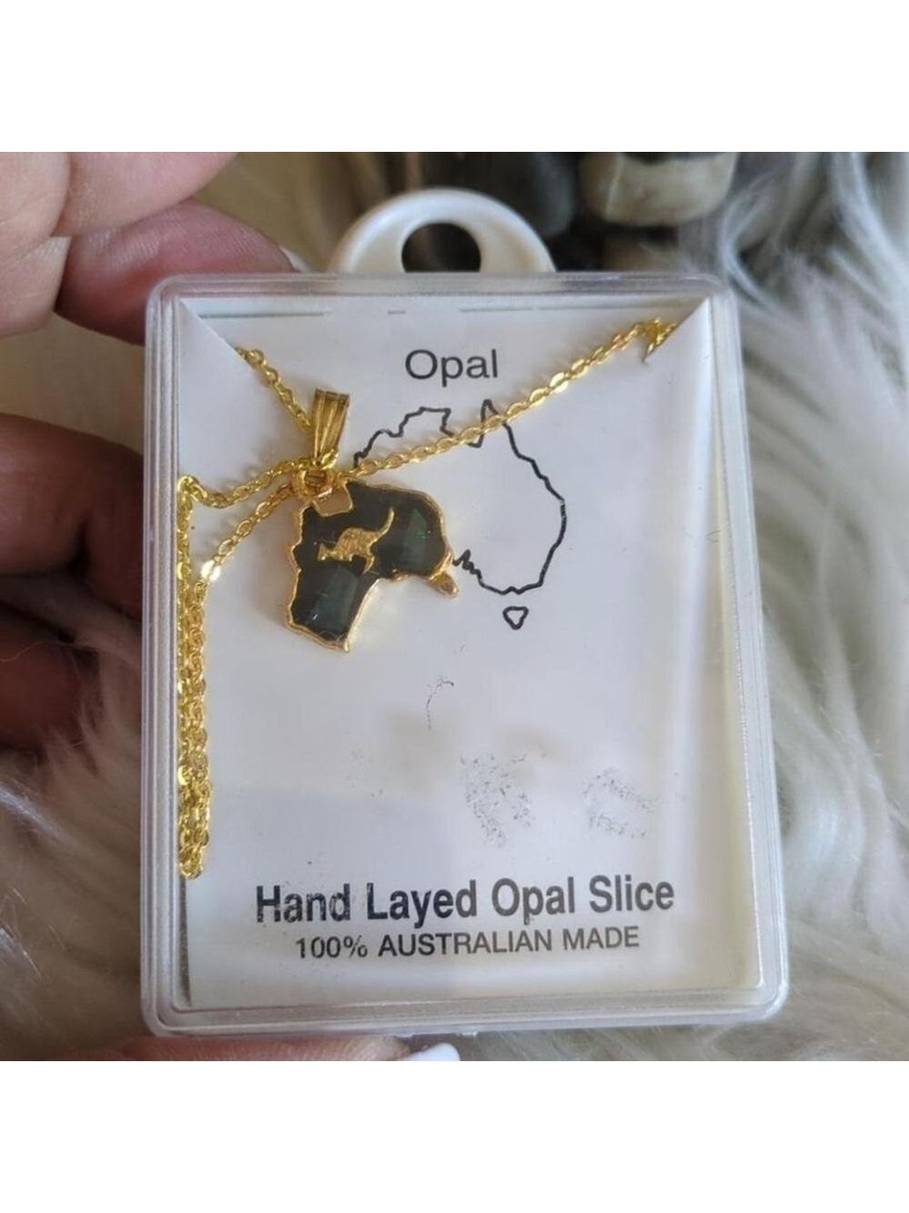 Australian Made Gold Tone Opal Slice Kangaroo Map Necklace
